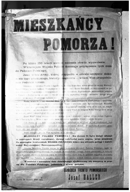 Odezwa do mieszkańców Pomorza wydana w Toruniu przez generała Józefa Hallera. styczen 1920
